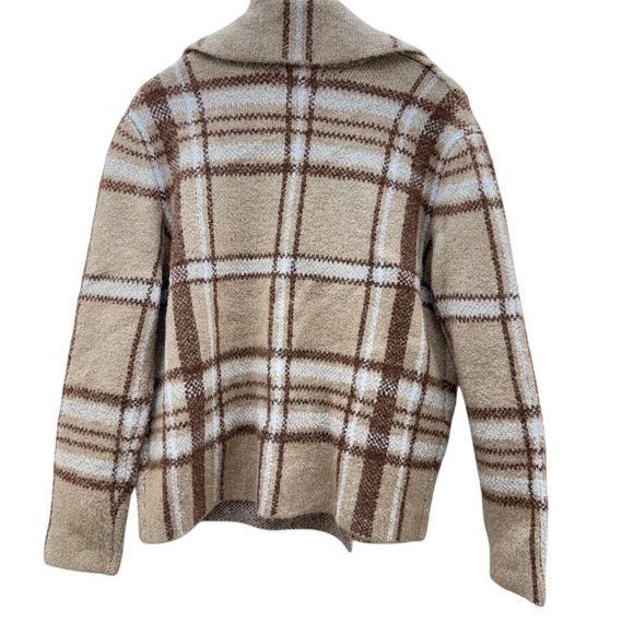 Rachel Zoe Plaid Knit Jacket Beige Brown Double Breasted Coat Size M Oversized - Picture 2 of 12